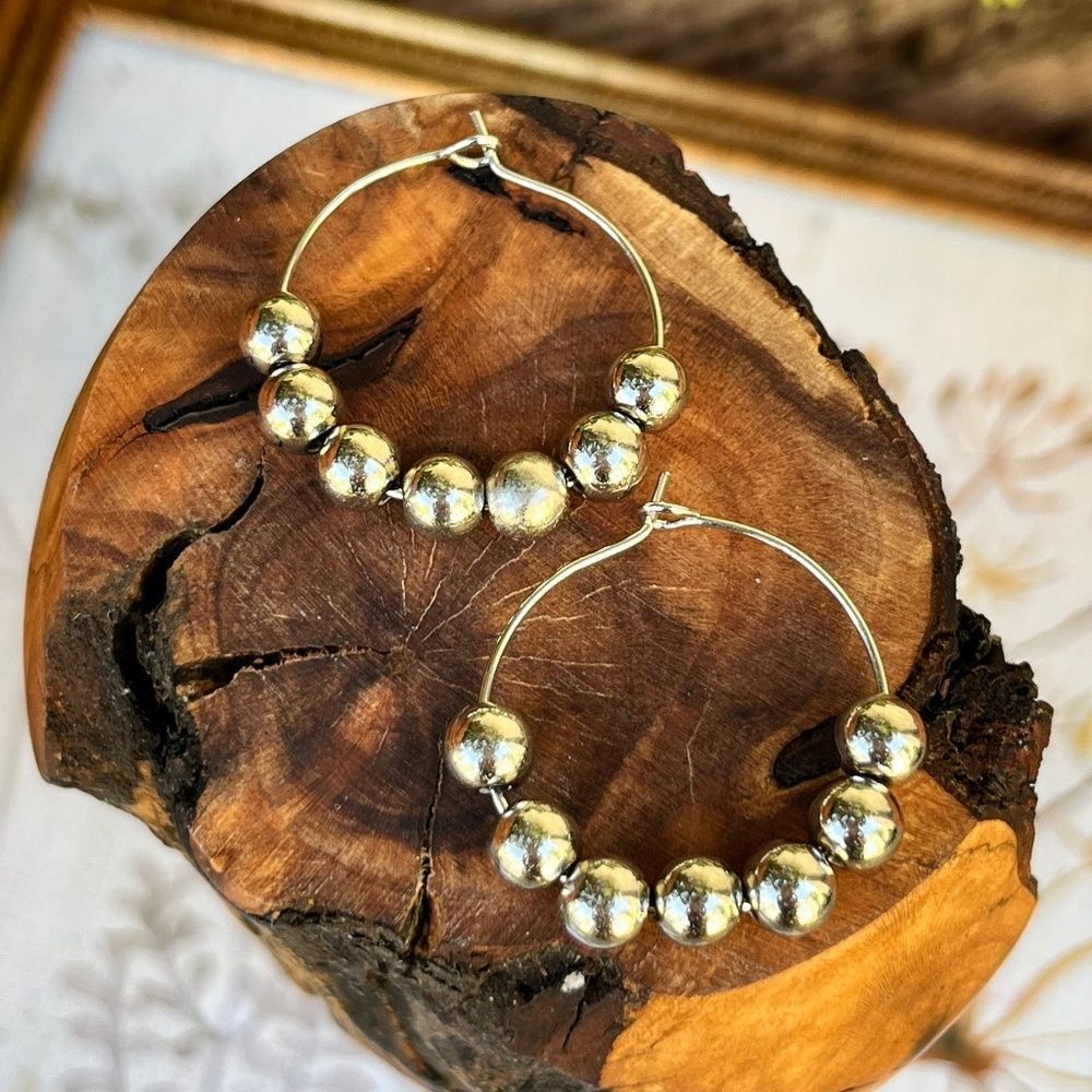 Metal Beaded Hoop Earrings Silver Tone, Goth, Grunge, Boho, Minimalist
